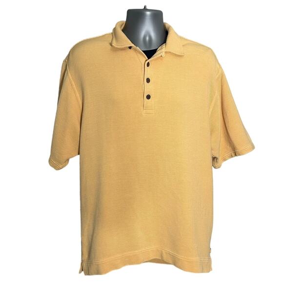 Vintage Tommy Bahama Yellow Textured Silk Blend Short Sleeve Polo Size L - Picture 1 of 8